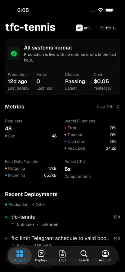 vercat project health, metrics, and recent deployments