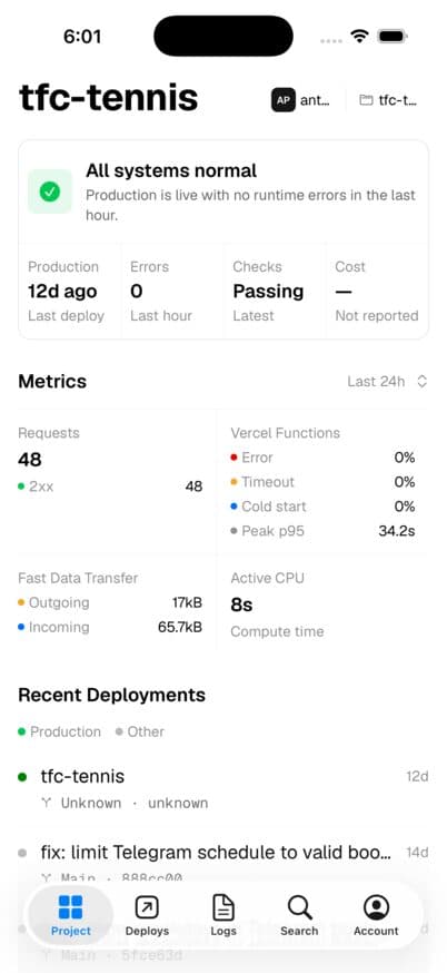 vercat project health, metrics, and recent deployments